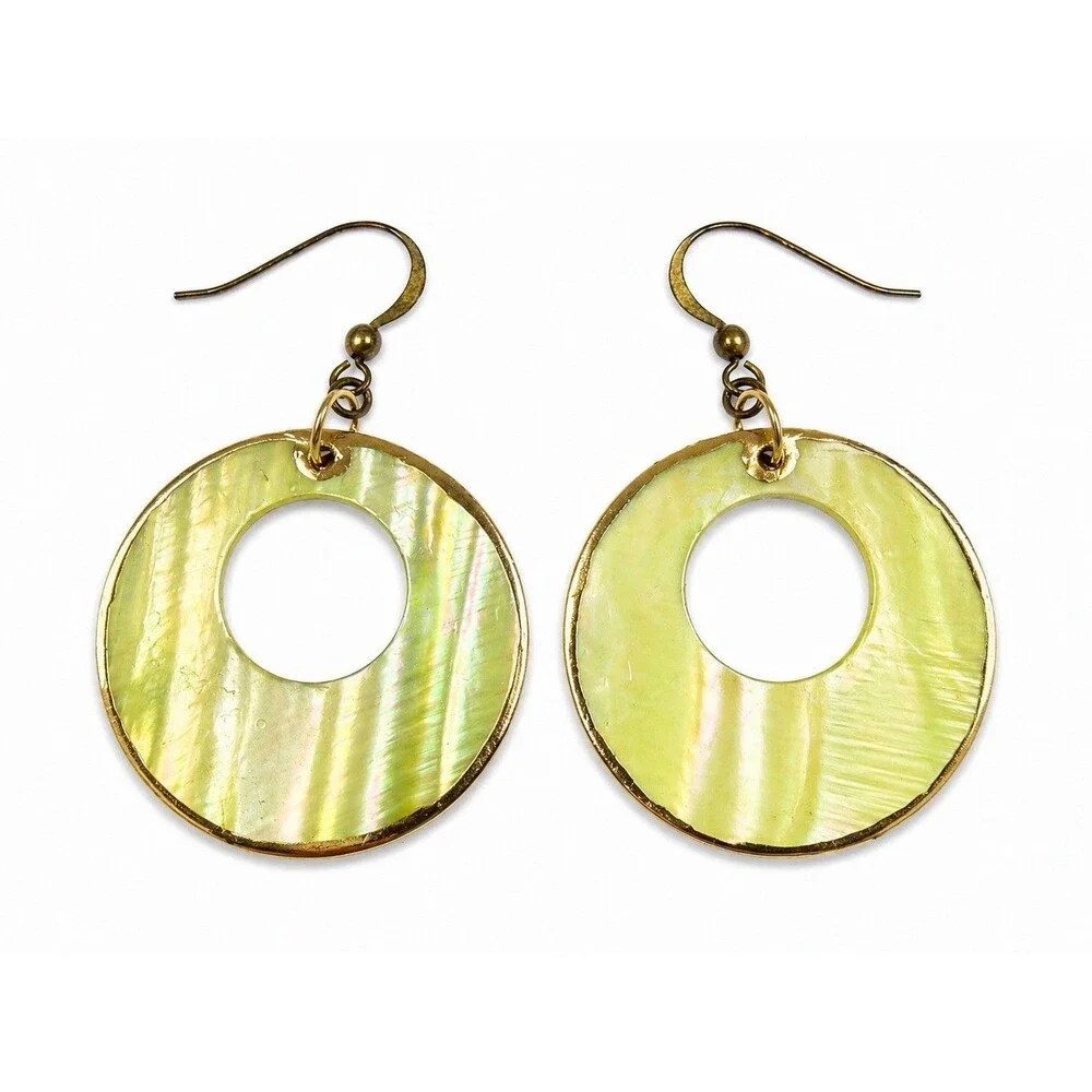 Vintage 1970s Mother of Pearl Shell Hoop Earrings Gold Tone Dangle Boho Coastal